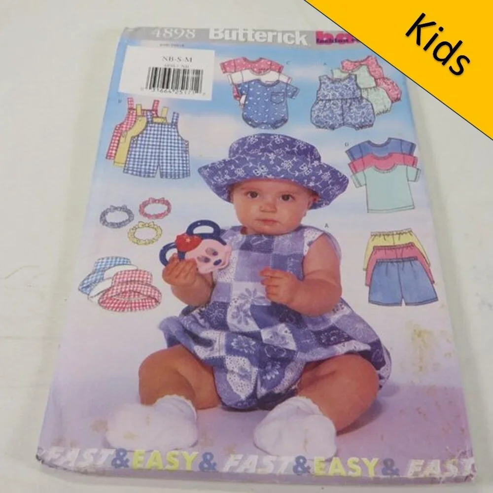 Butterick 4898 Clothing Pattern Sun Hat, Baby Romper, Overalls, Shirt, Shorts